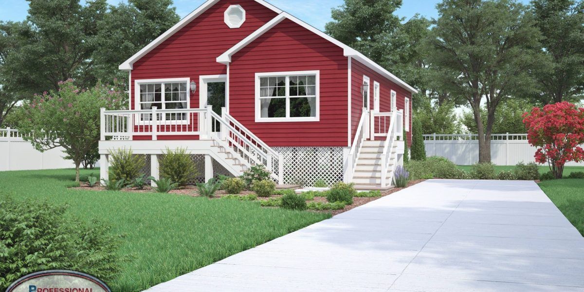 A red and white house with a driveway and stairs