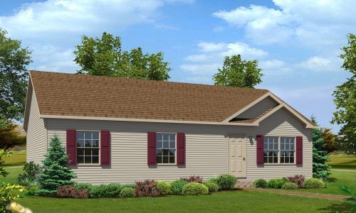 A house with a brown roof and red shutters