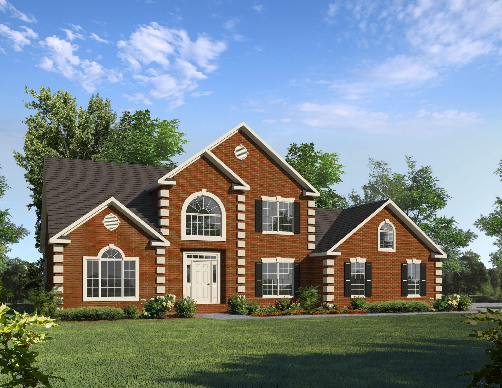 An artist 's impression of a brick house with arched windows