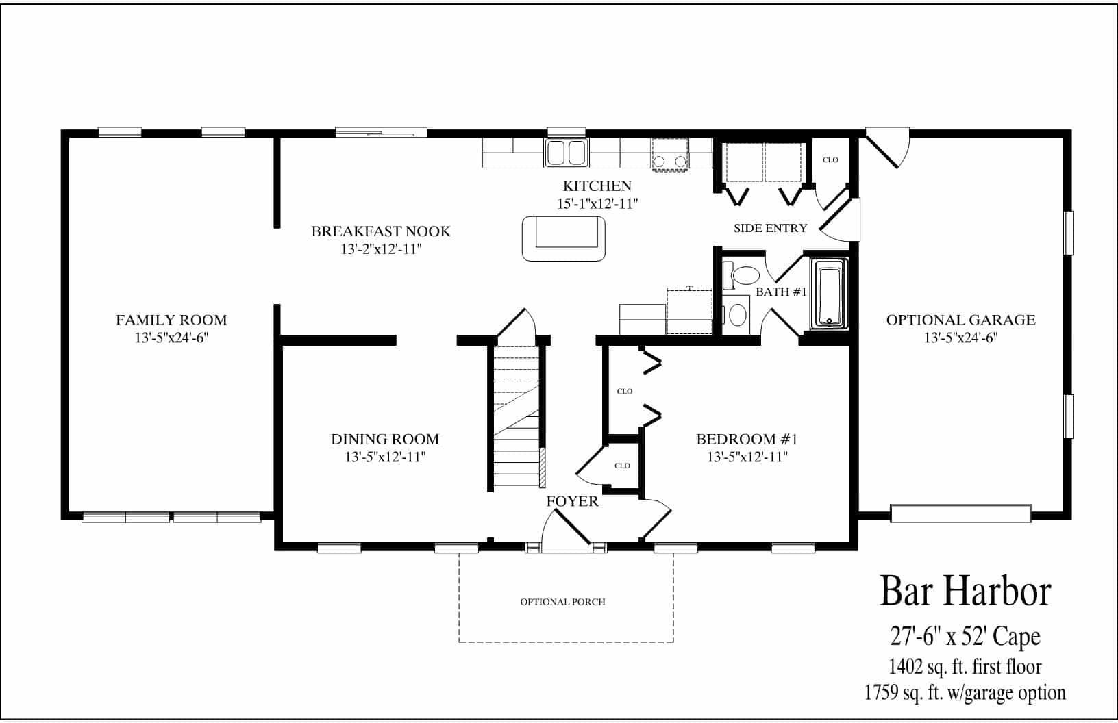 A black and white floor plan of a house called bar harbor