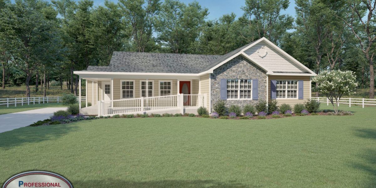 An artist 's impression of a house with a large porch surrounded by trees.