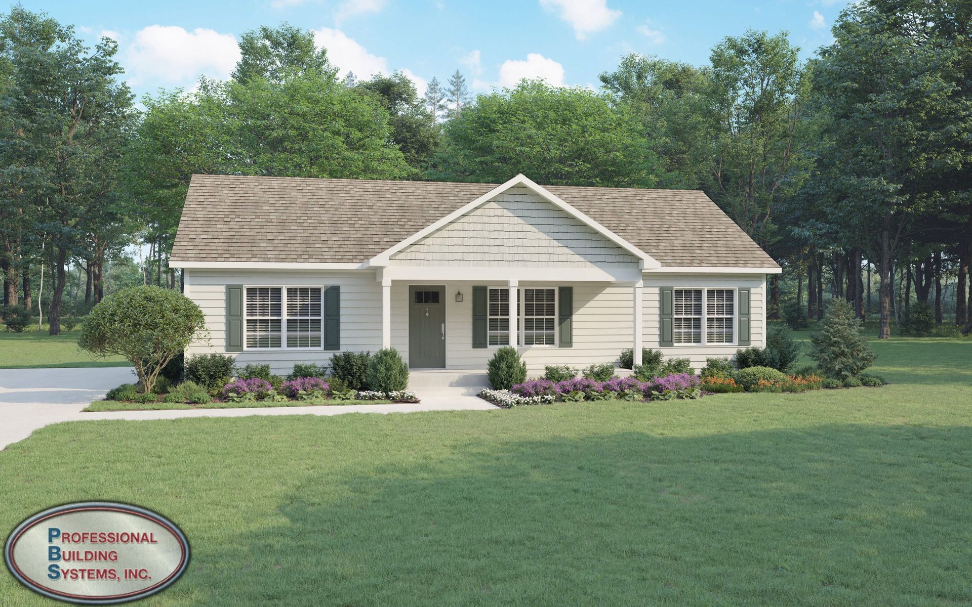 A white house with a brown roof is surrounded by trees