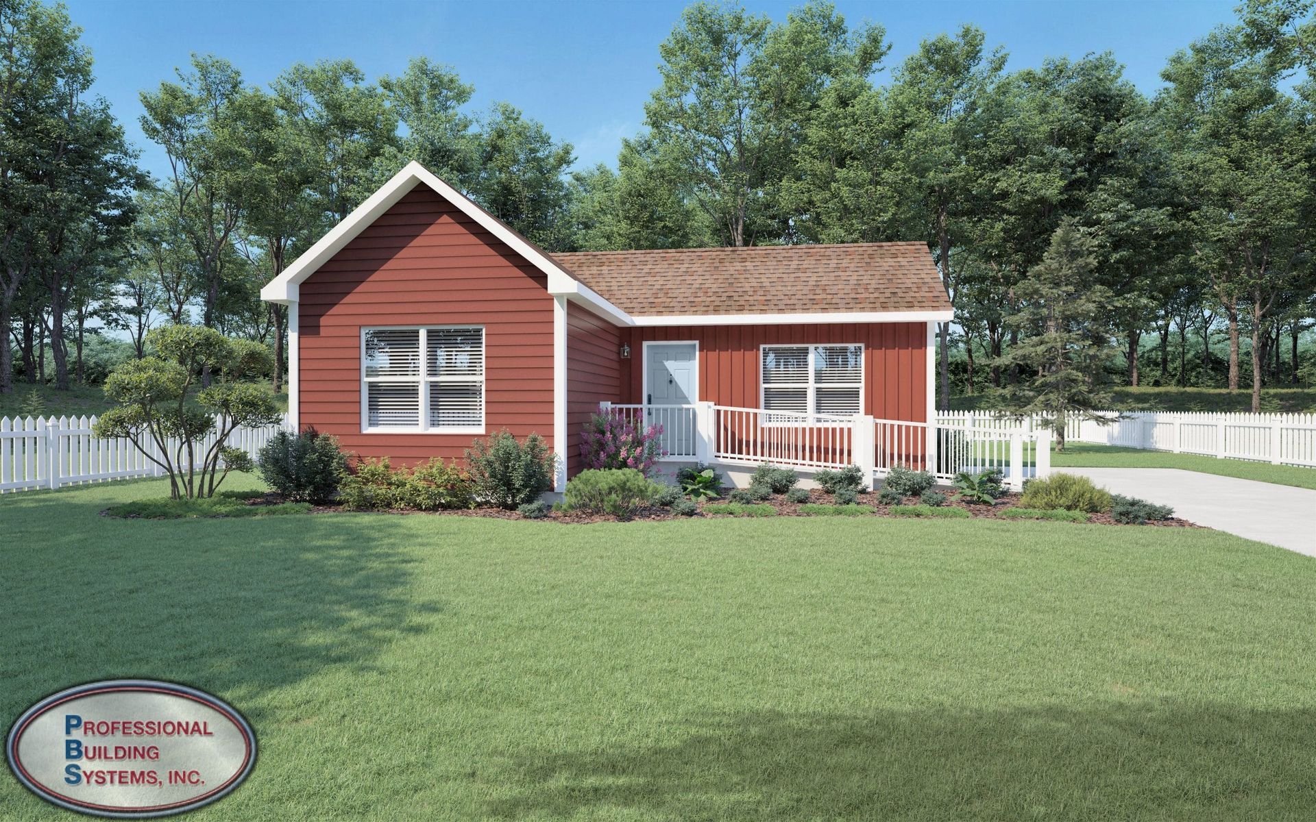 A small red house with a white fence in front of it