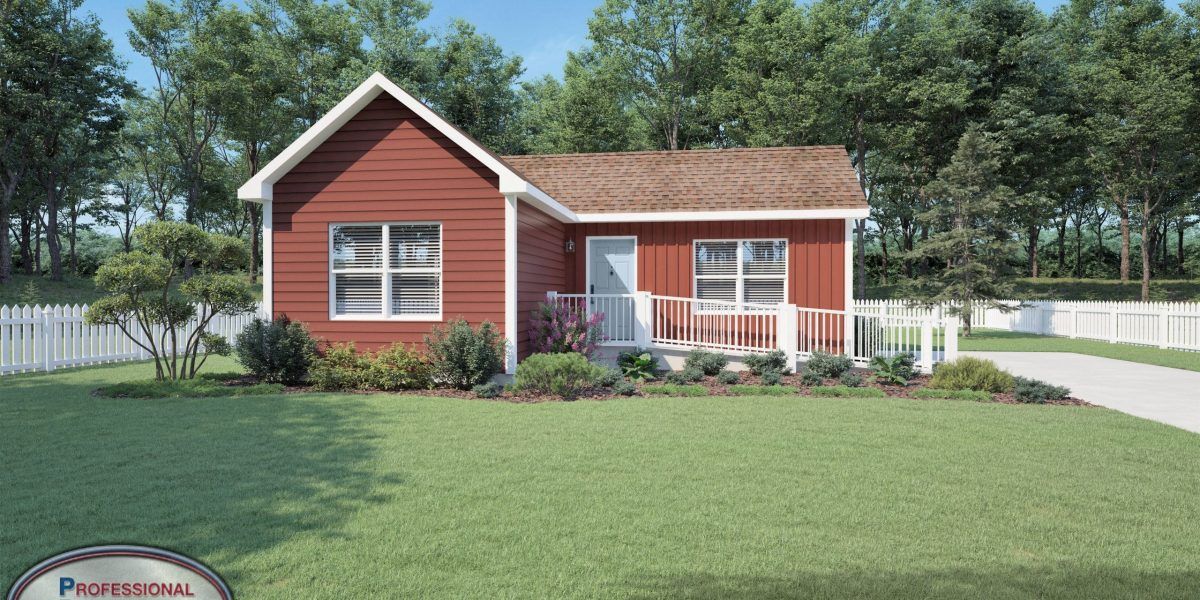 A small red house with a white fence and trees in the background.