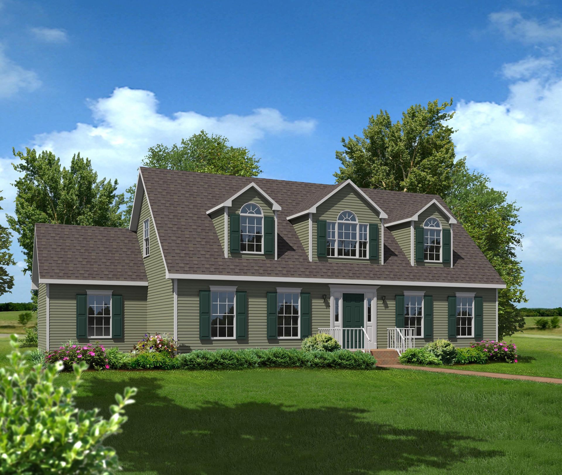 A house with a brown roof and green shutters