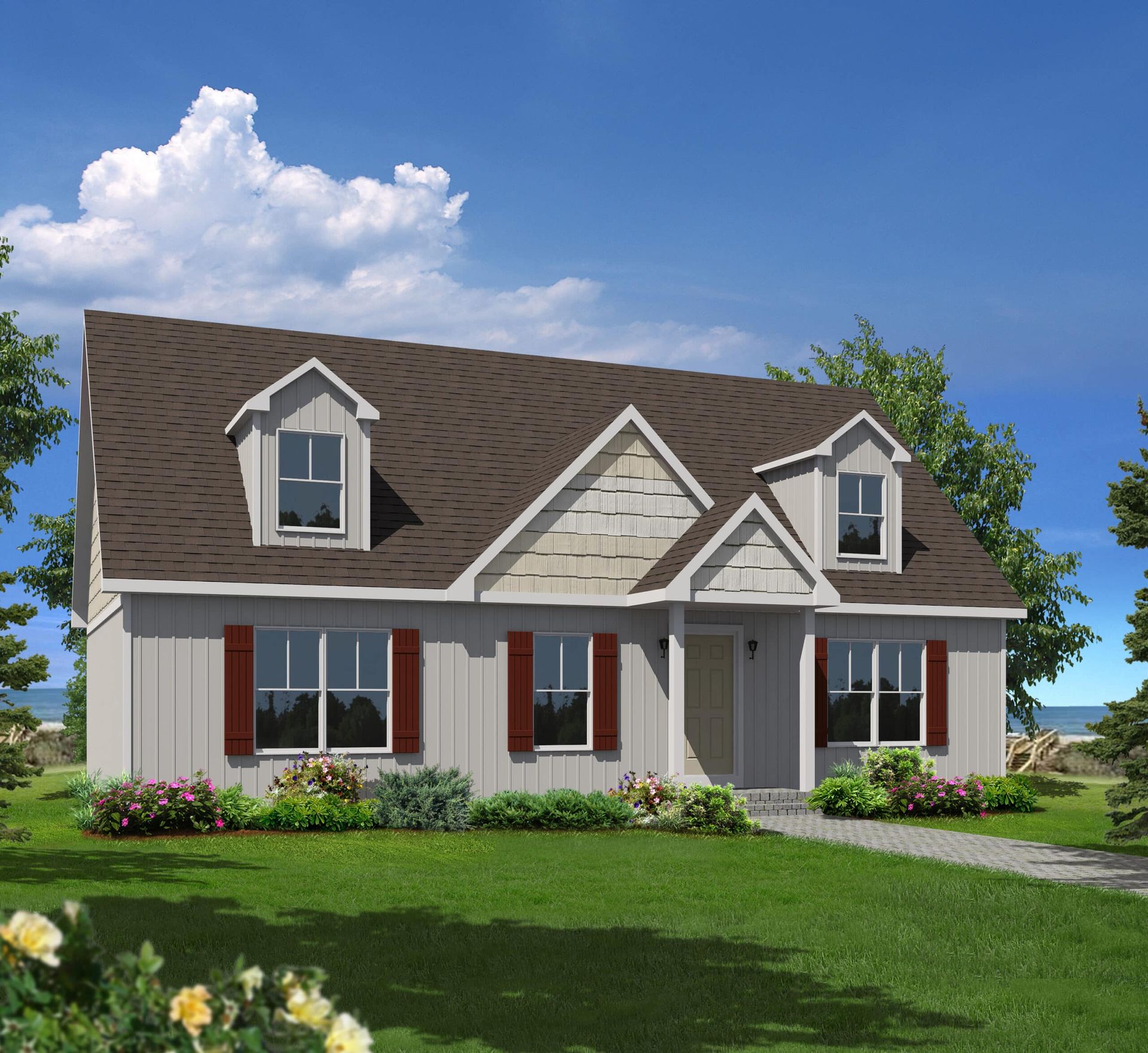 A white house with a brown roof and red shutters