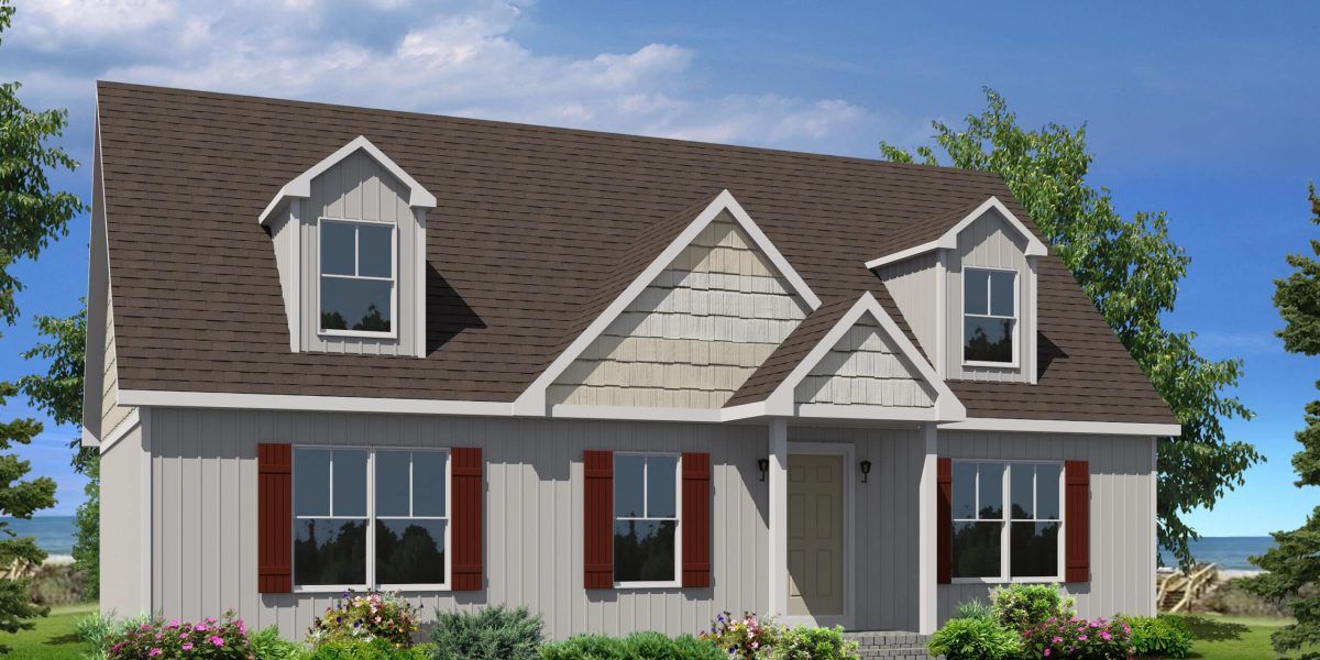 A white house with a brown roof and red shutters