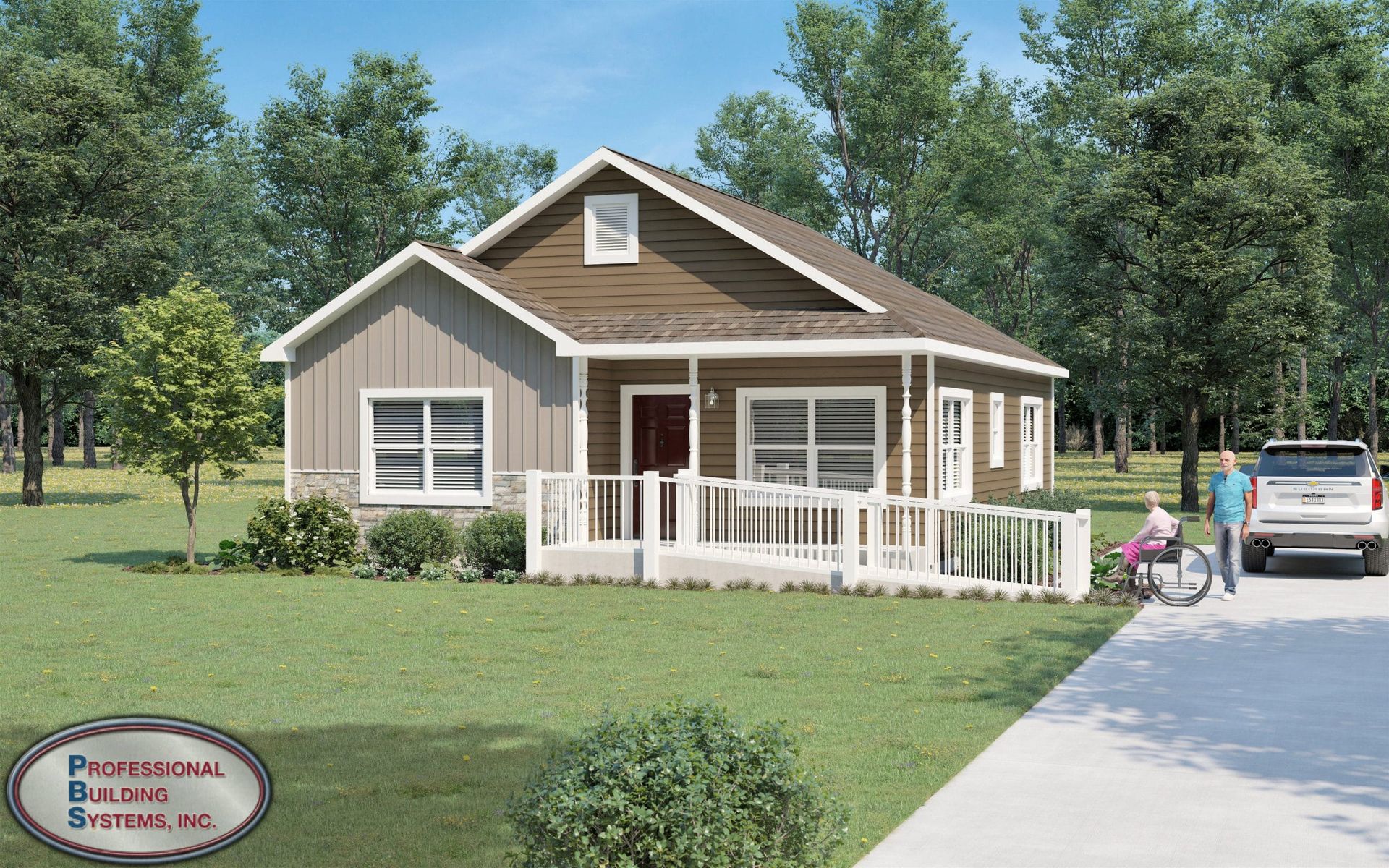 An artist 's impression of a house being built by professional builders