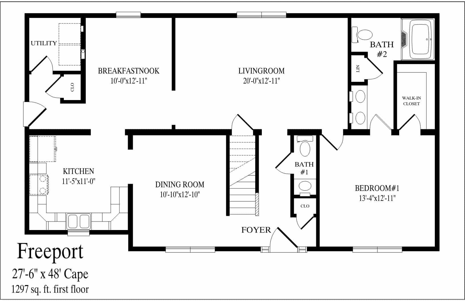 A black and white floor plan of a house called freeport.
