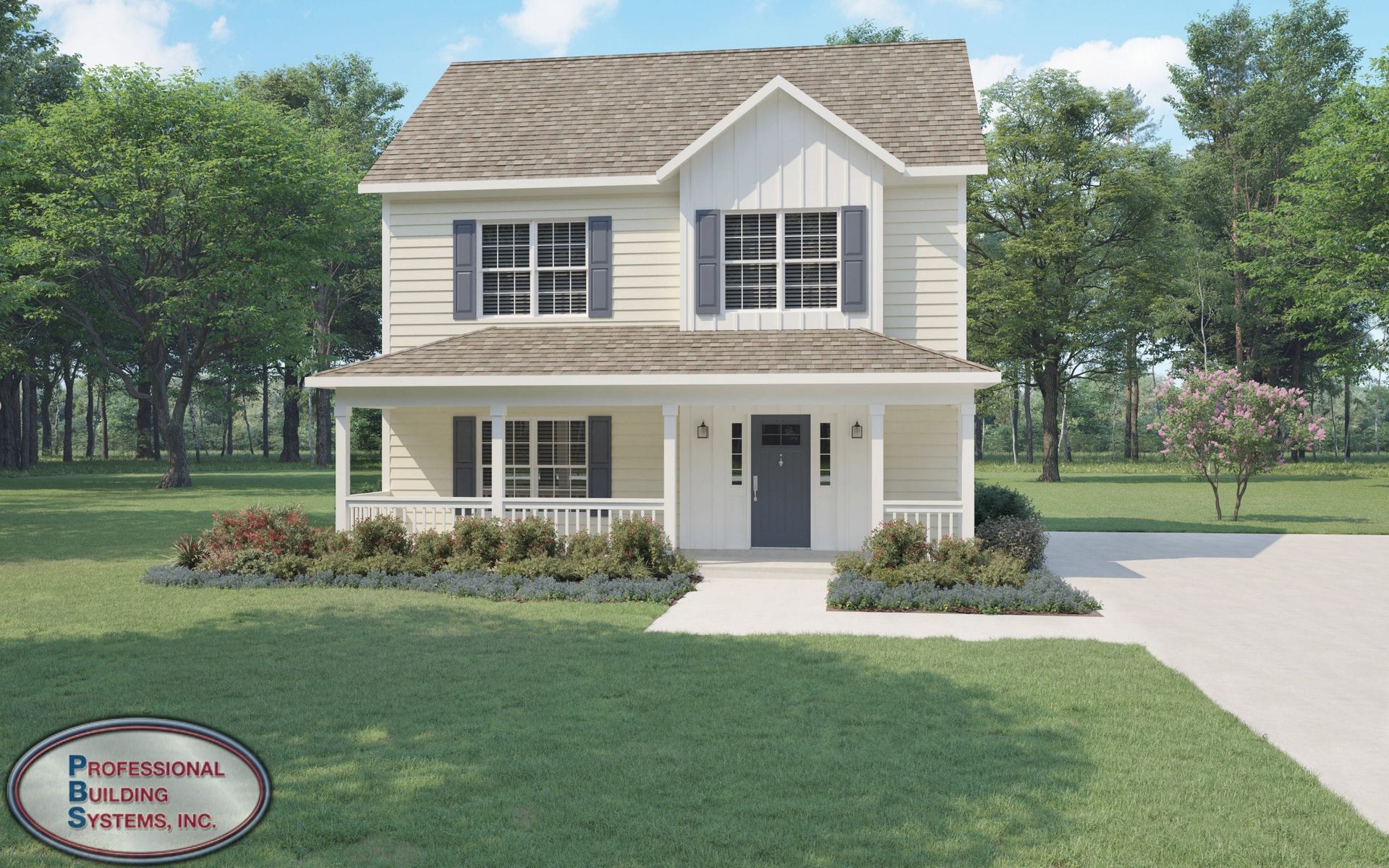 A white house with a brown roof is surrounded by trees and grass.