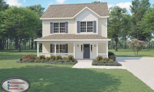 An artist 's impression of a house with a porch and trees in the background.