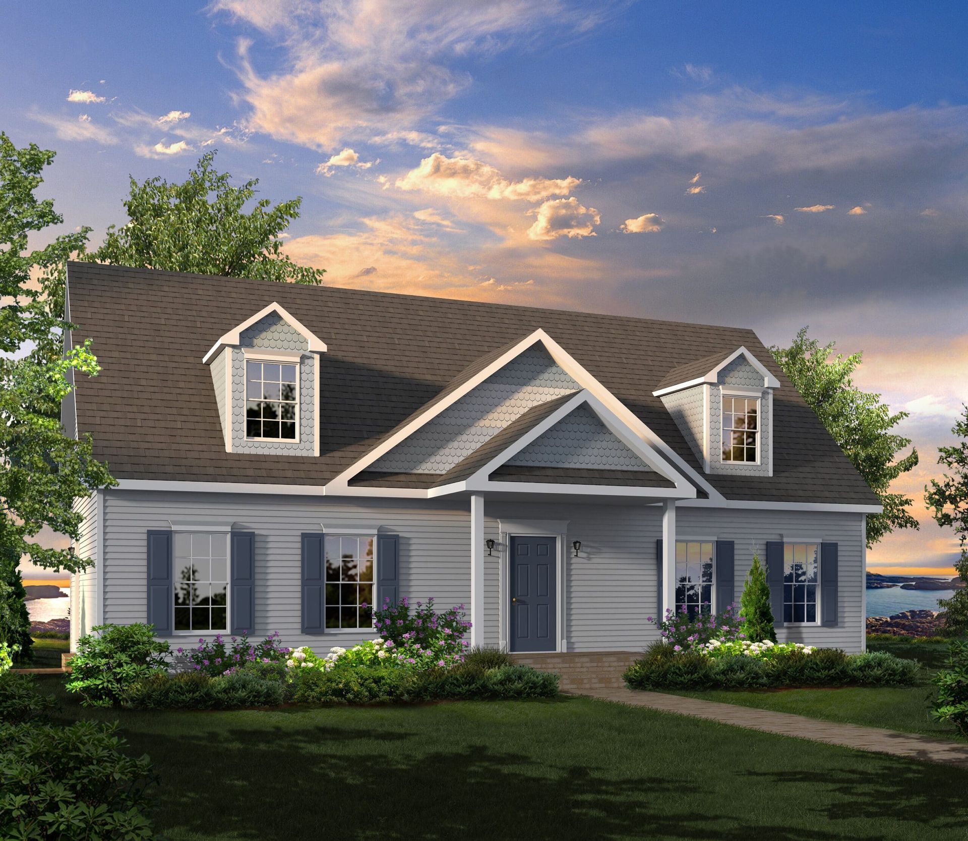 A white house with a brown roof and a lot of windows