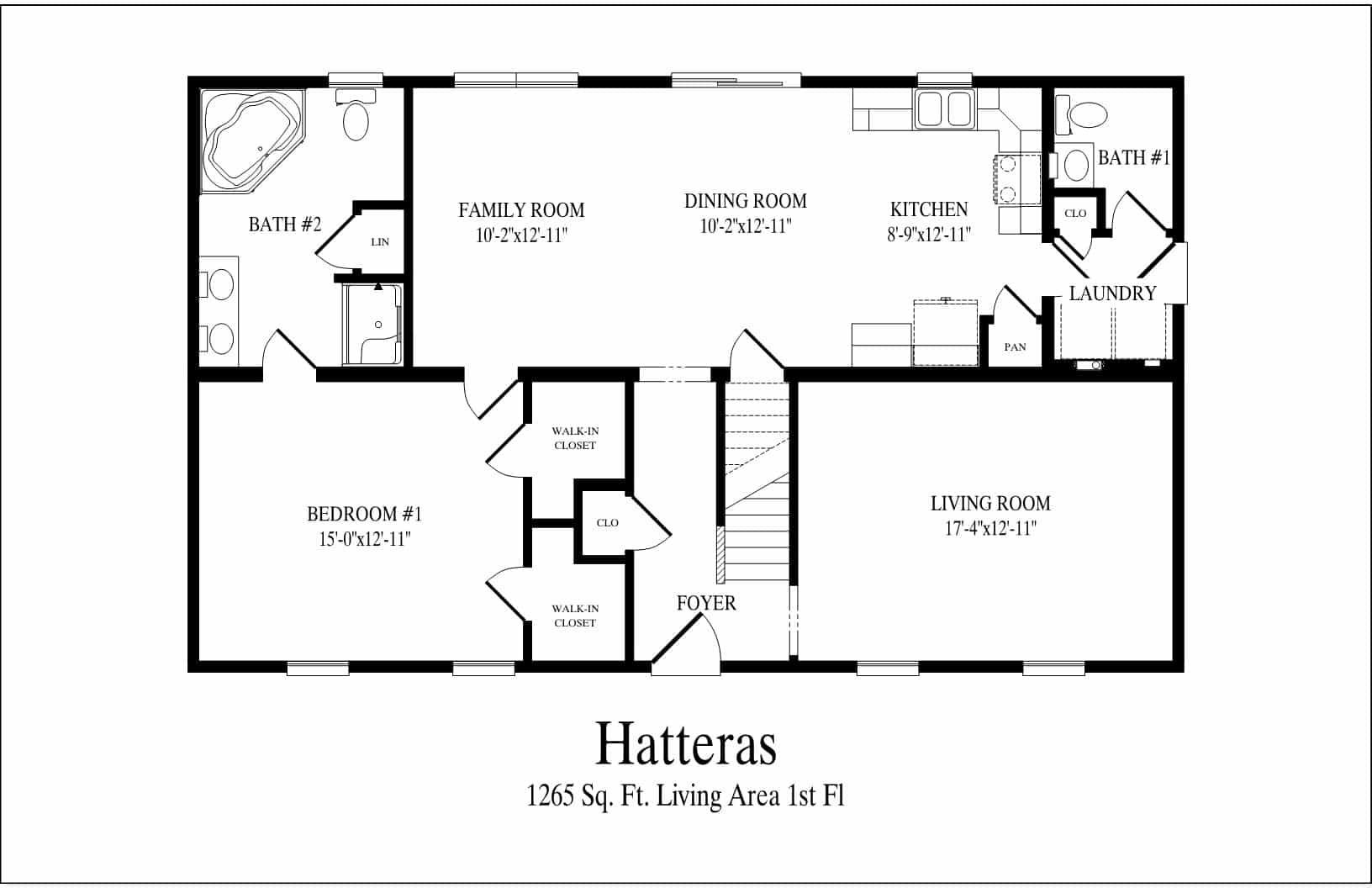 A black and white floor plan of a house called hatteras