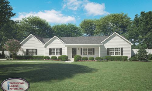 A large white house with a black roof and shutters