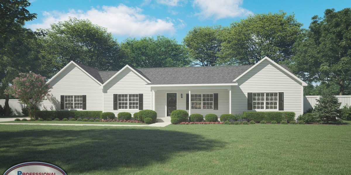 A white house with a black roof is sitting on top of a lush green lawn.