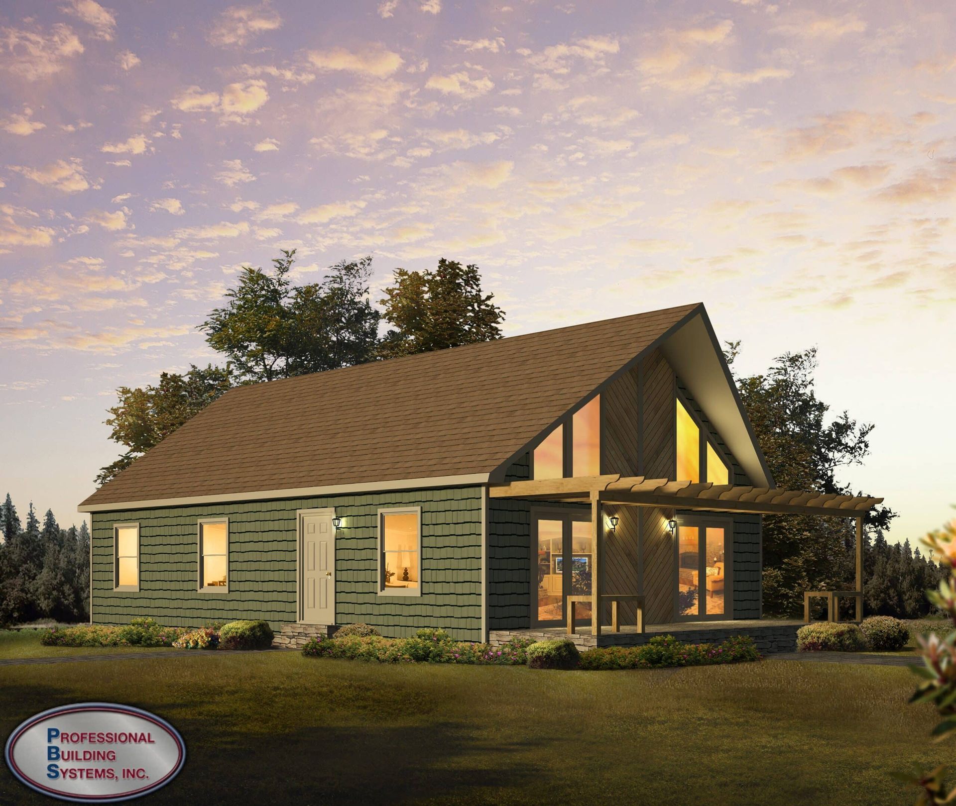A small house with a brown roof is surrounded by trees