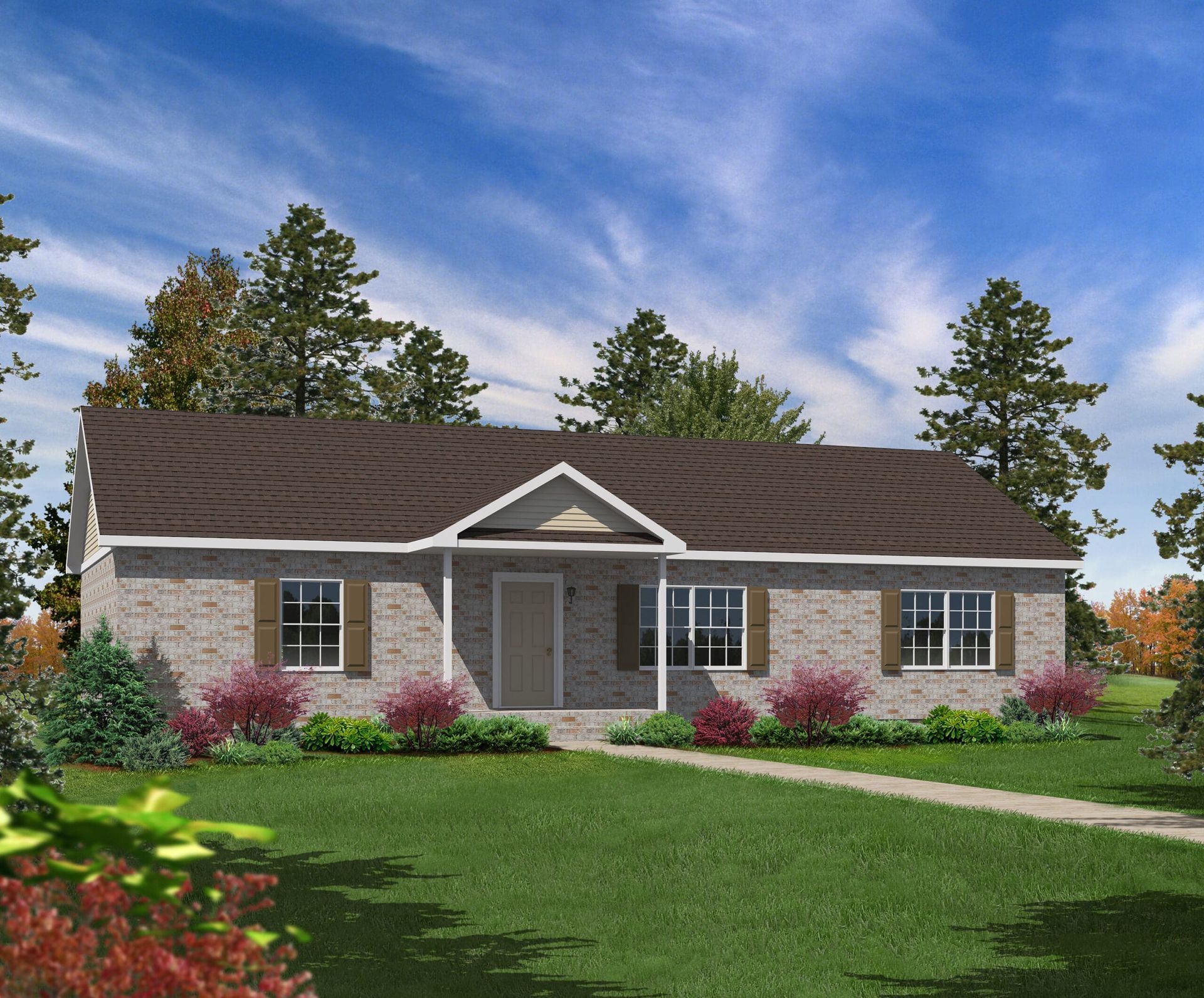 An artist 's impression of a brick house with a brown roof