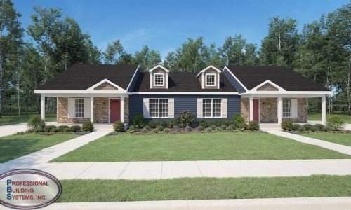 A blue and white house with a black roof