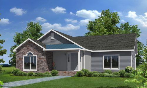 An artist 's impression of a house with a gray siding and a black roof.