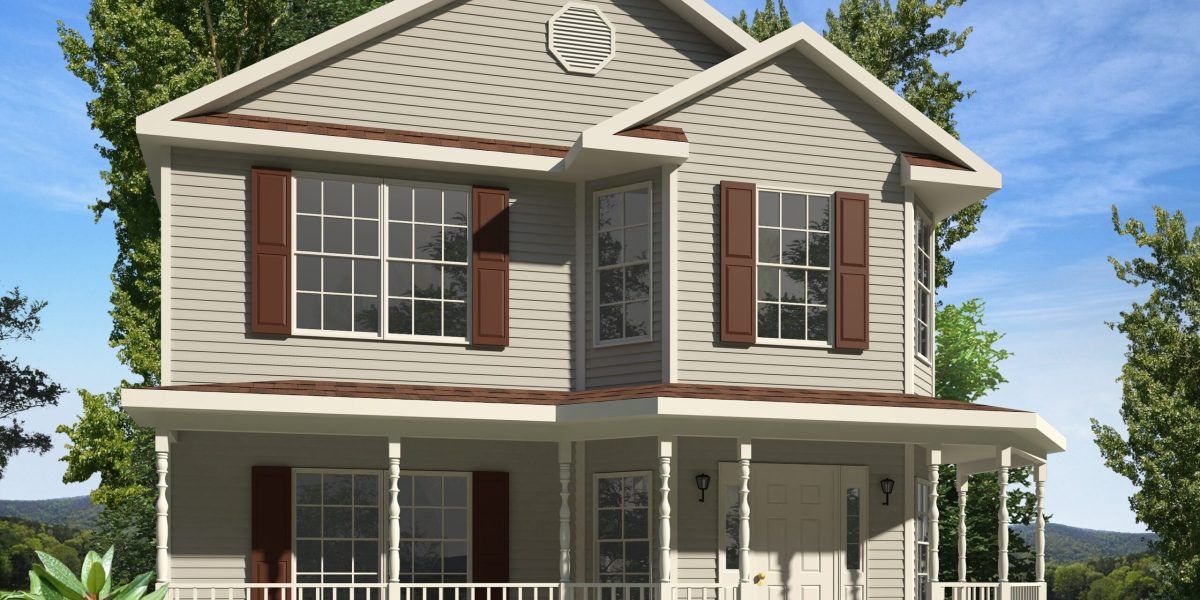 A white house with brown shutters and a porch surrounded by trees.