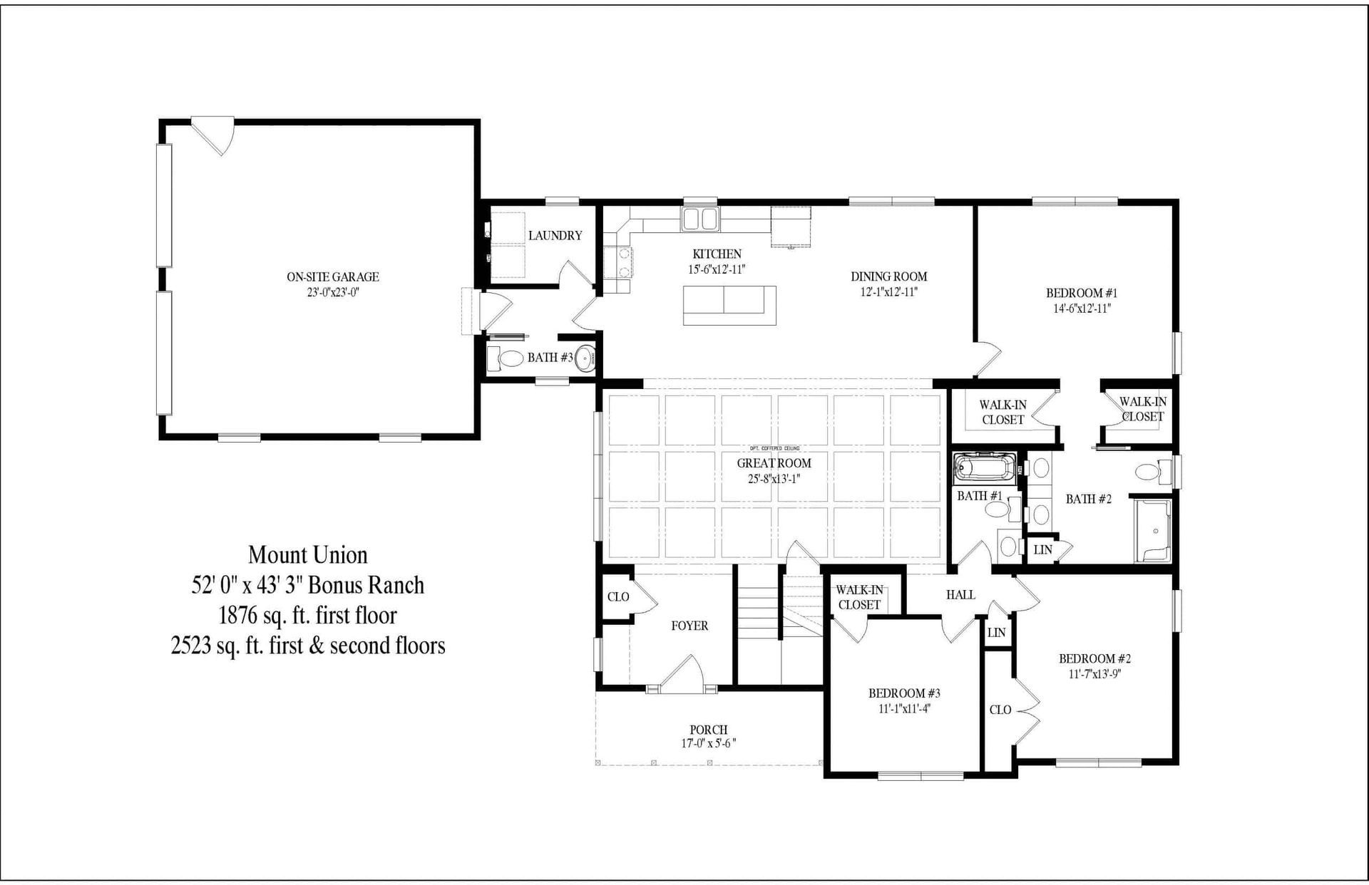 A black and white floor plan of a house with a garage.