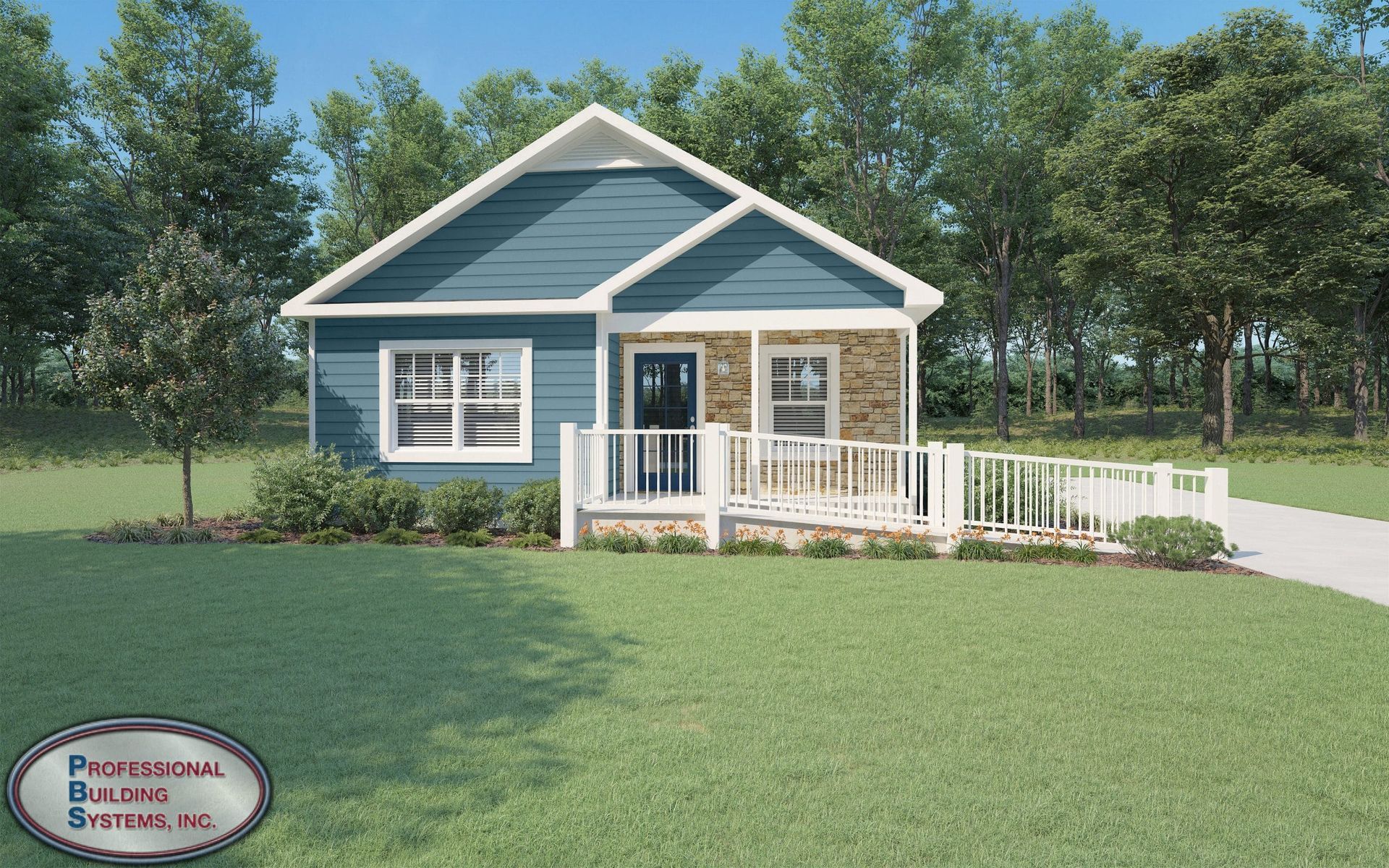 A blue and white house with a porch and trees in the background