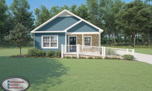 A blue house with a white porch and trees in the background