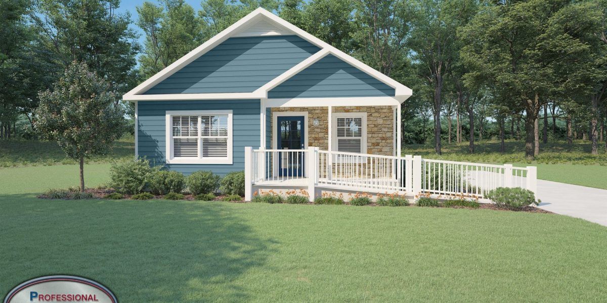 A small house with a blue siding and a white porch is sitting on top of a lush green lawn.