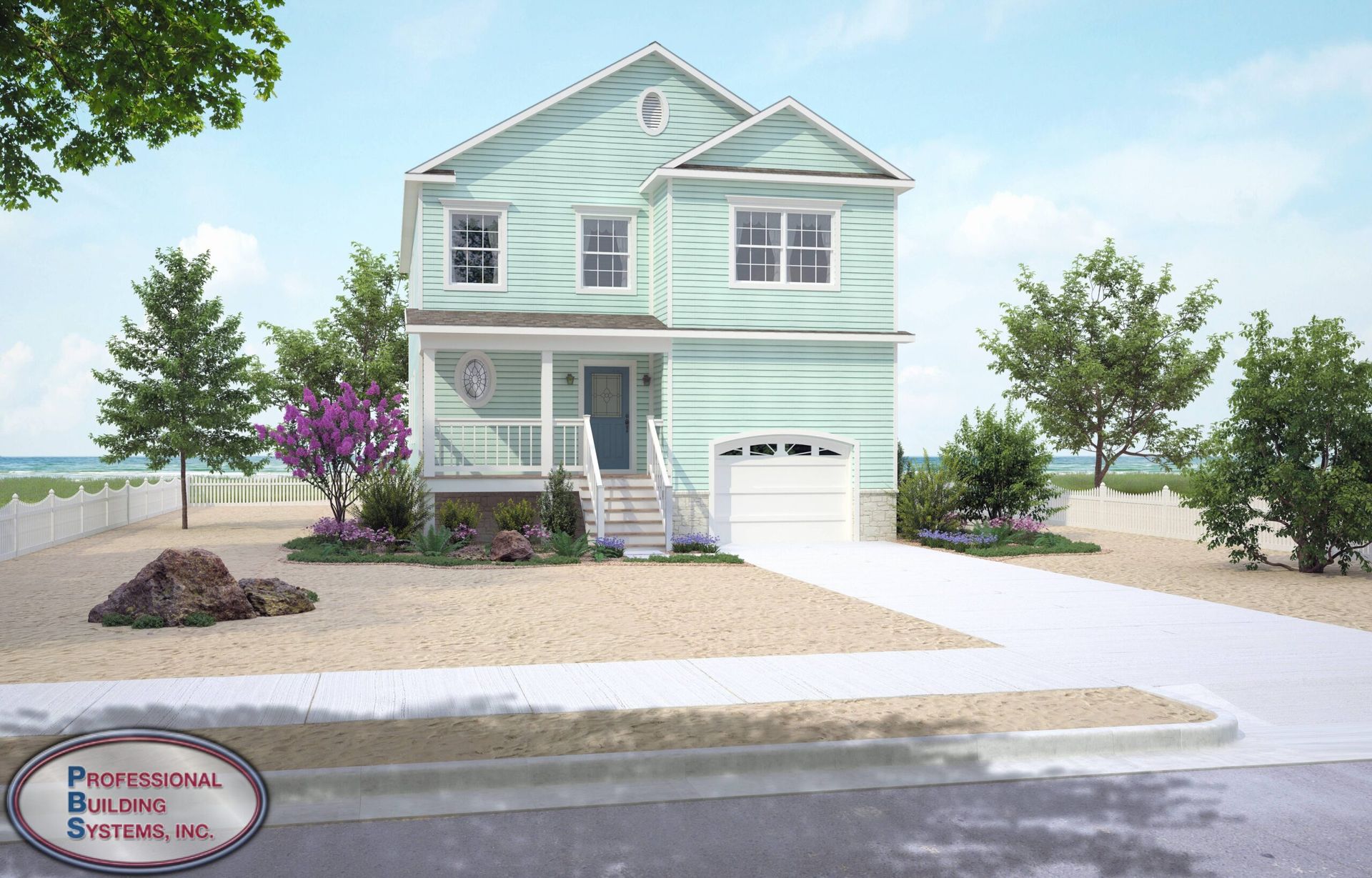 A house with a purple flower in front of it