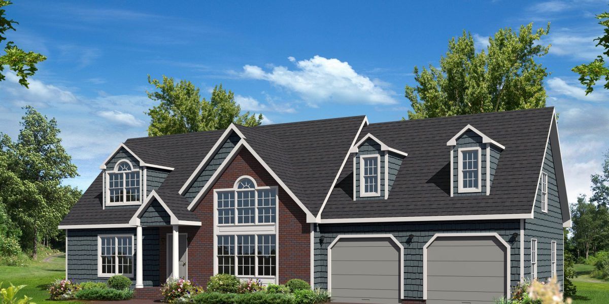 An artist 's impression of a house with a black roof and two garages.