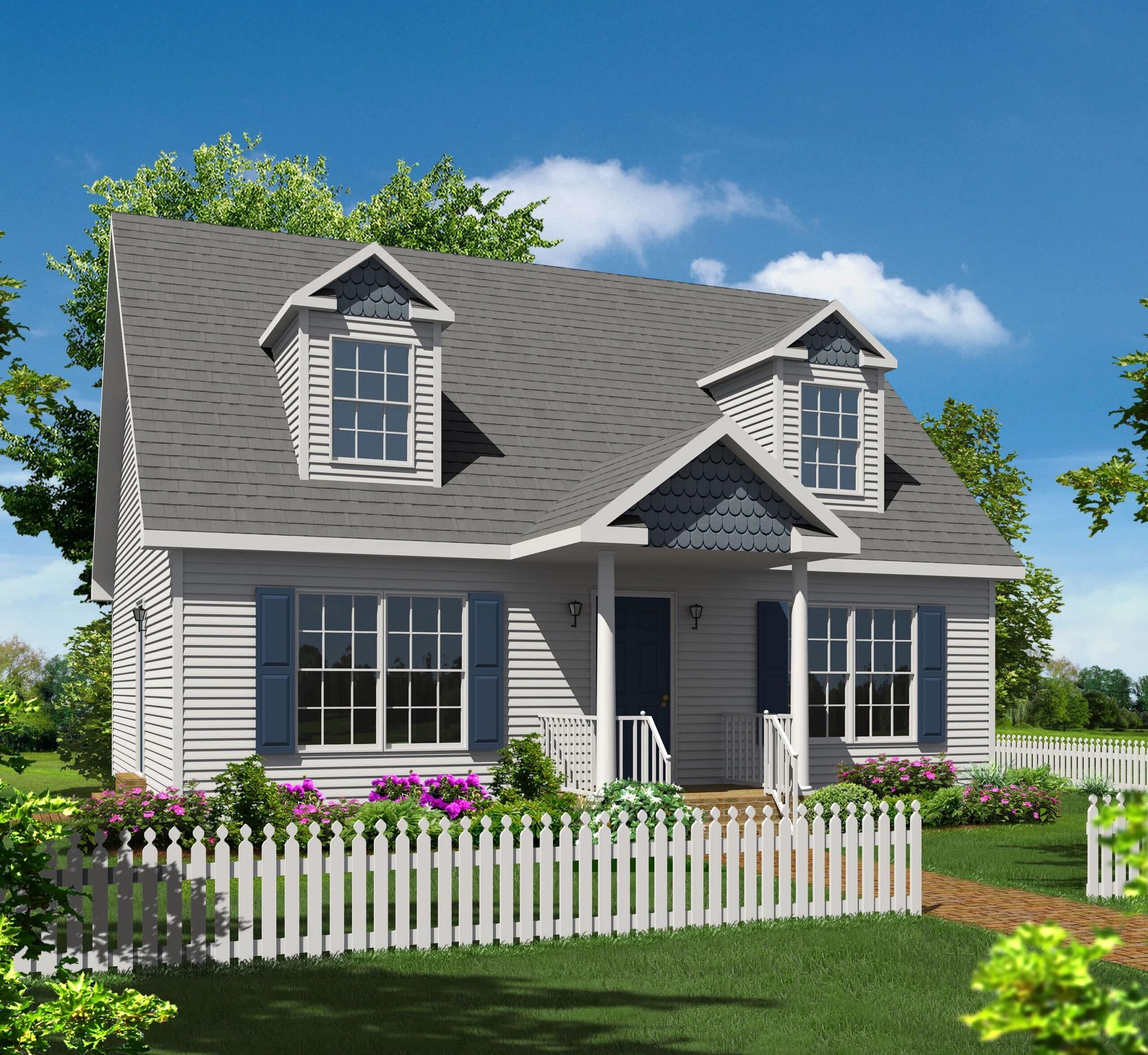 A white house with a gray roof and a white picket fence