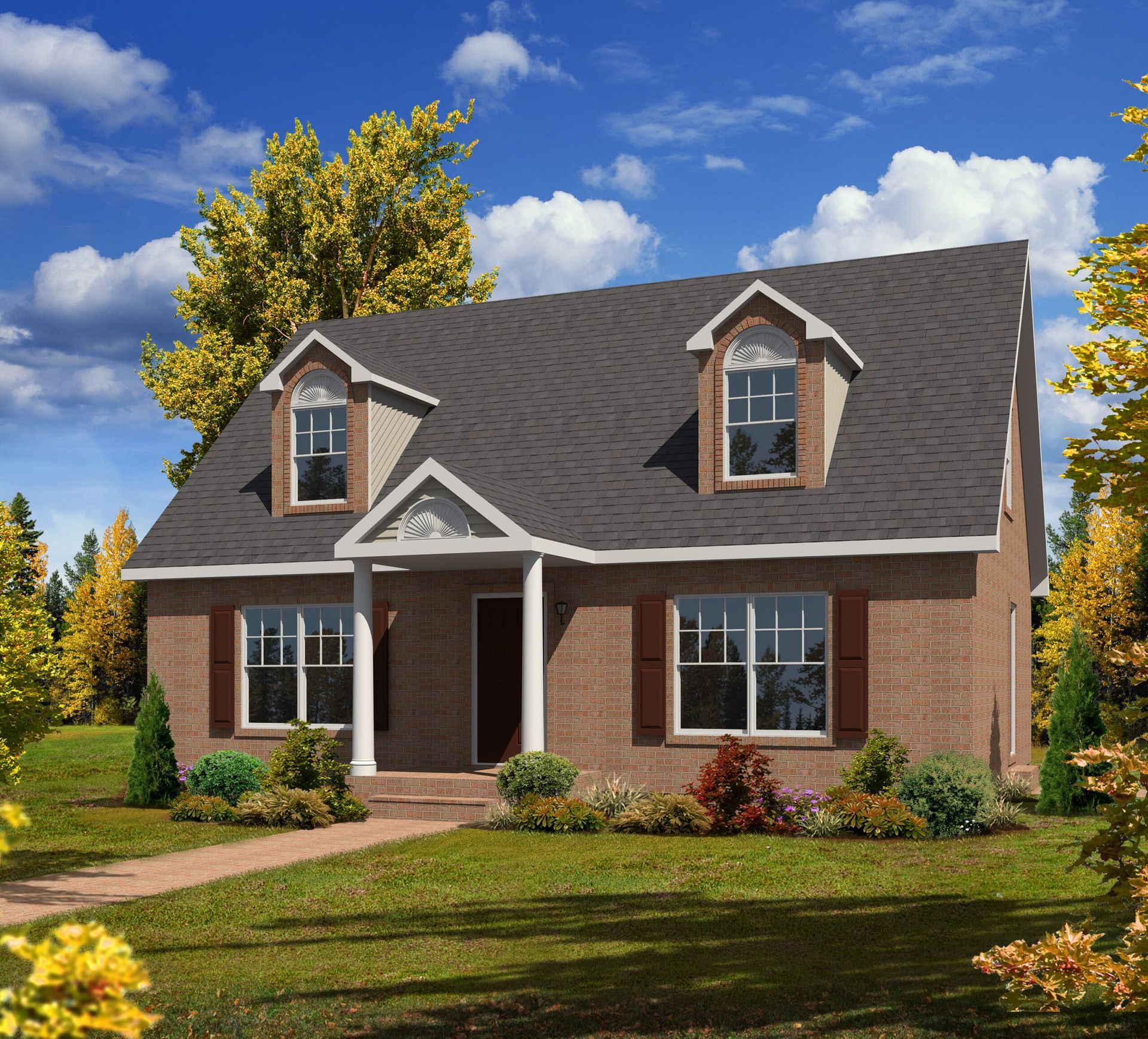 An artist 's impression of a brick house with a black roof