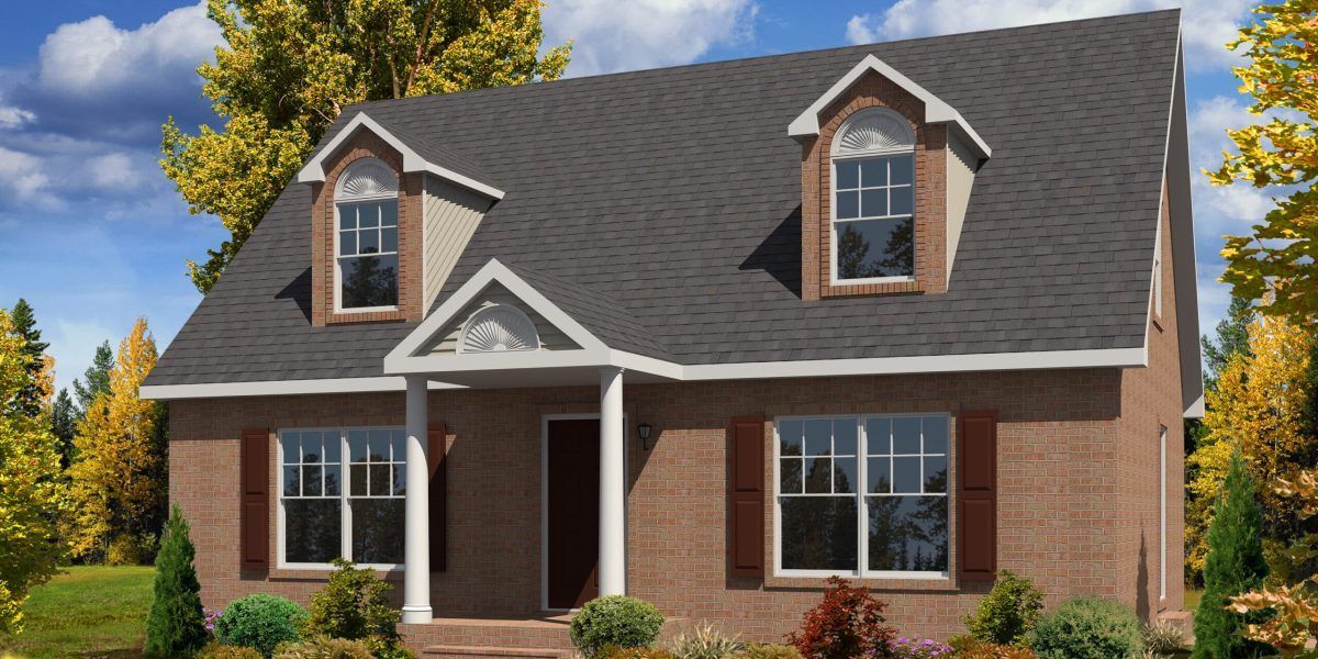 A brick house with a black roof and a porch