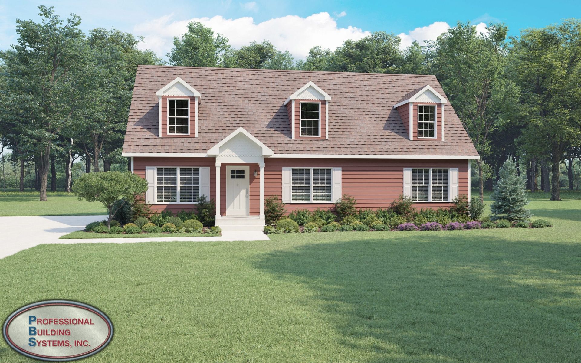 A red house with a brown roof and white shutters