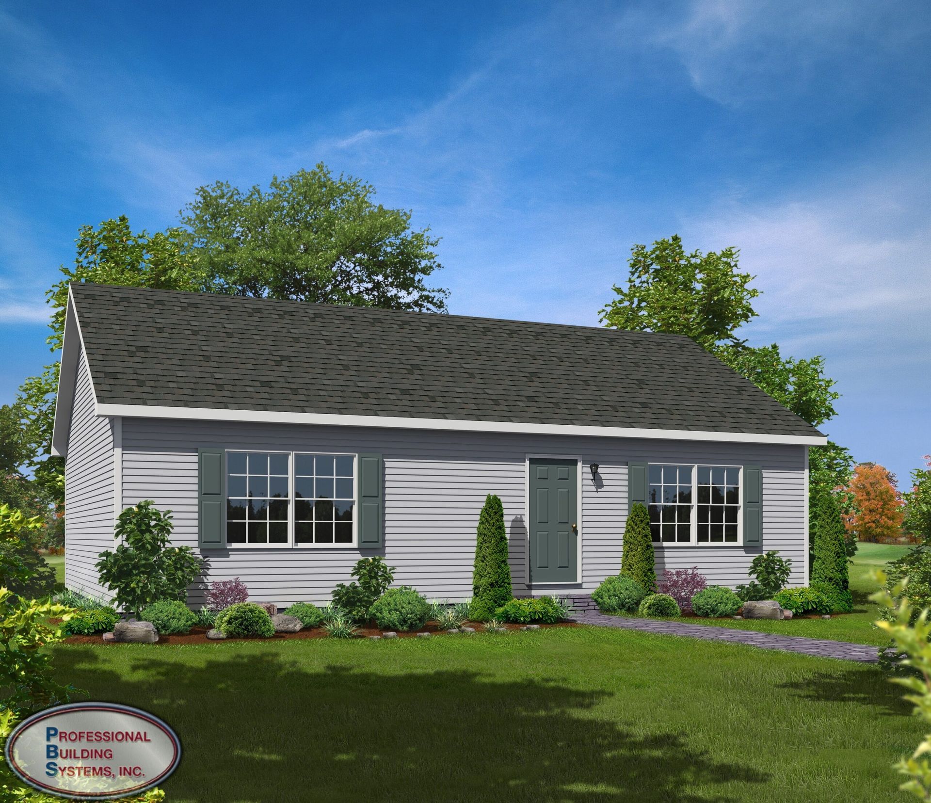 An artist 's impression of a small white house with a black roof