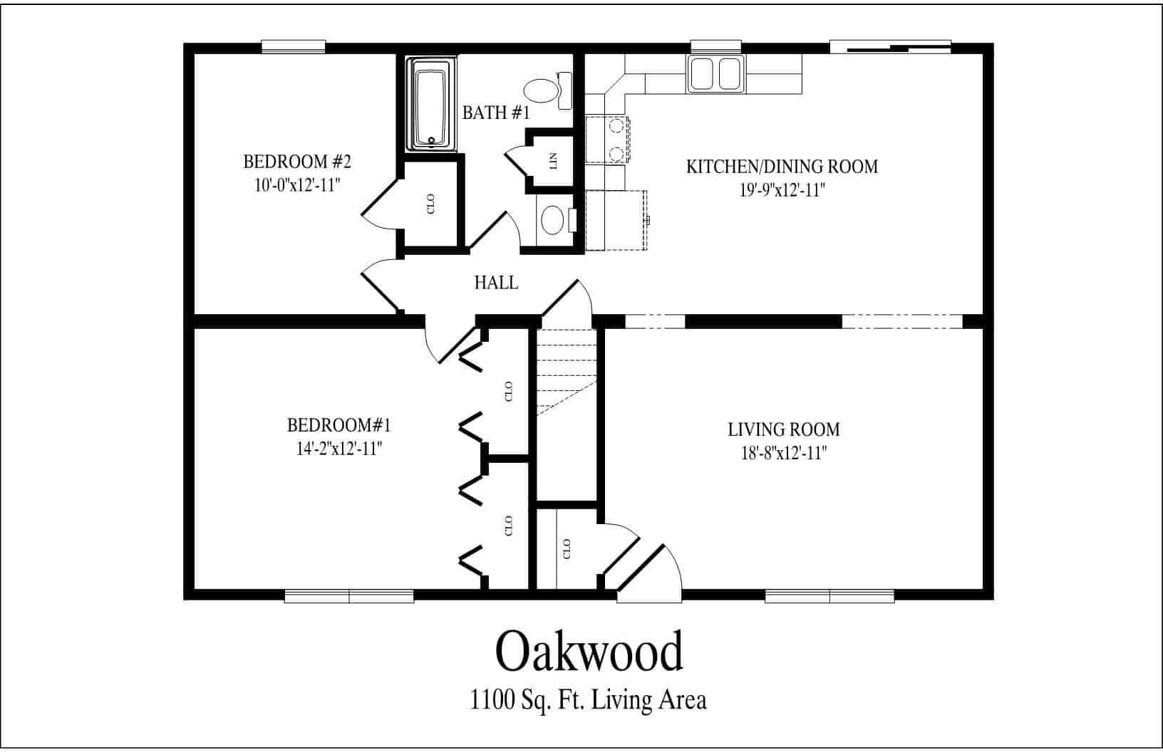 A black and white floor plan of a house called oakwood