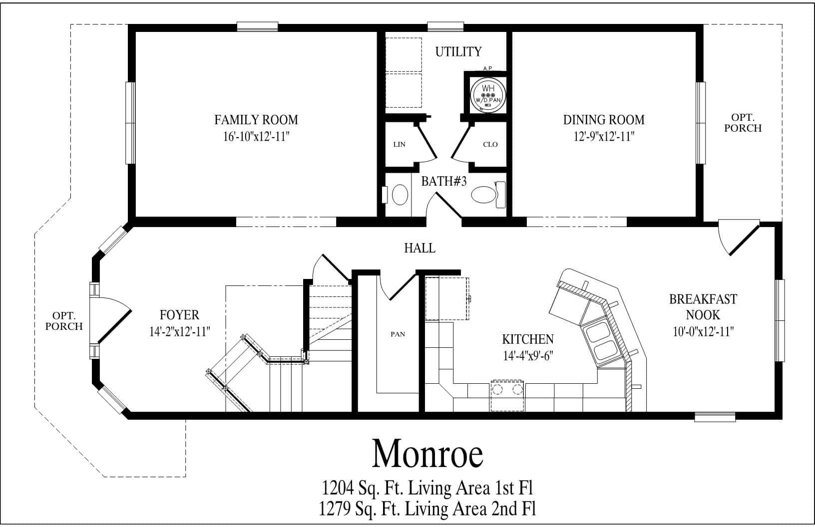 A black and white floor plan of a house called monroe