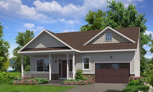 A small house with a brown roof and a brown garage door.