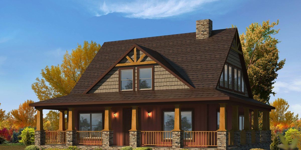 An artist 's impression of a log cabin with a large porch.