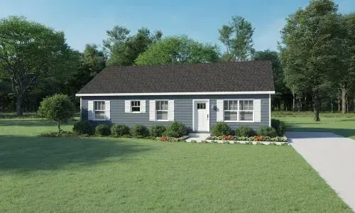 A house with a black roof and white shutters is sitting on top of a lush green field.