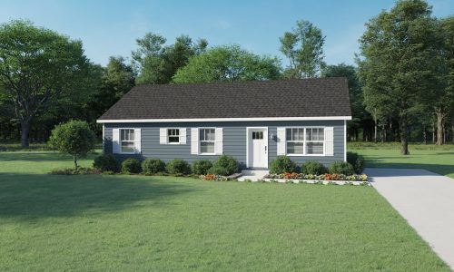 A house with a black roof and white shutters is sitting on top of a lush green field.