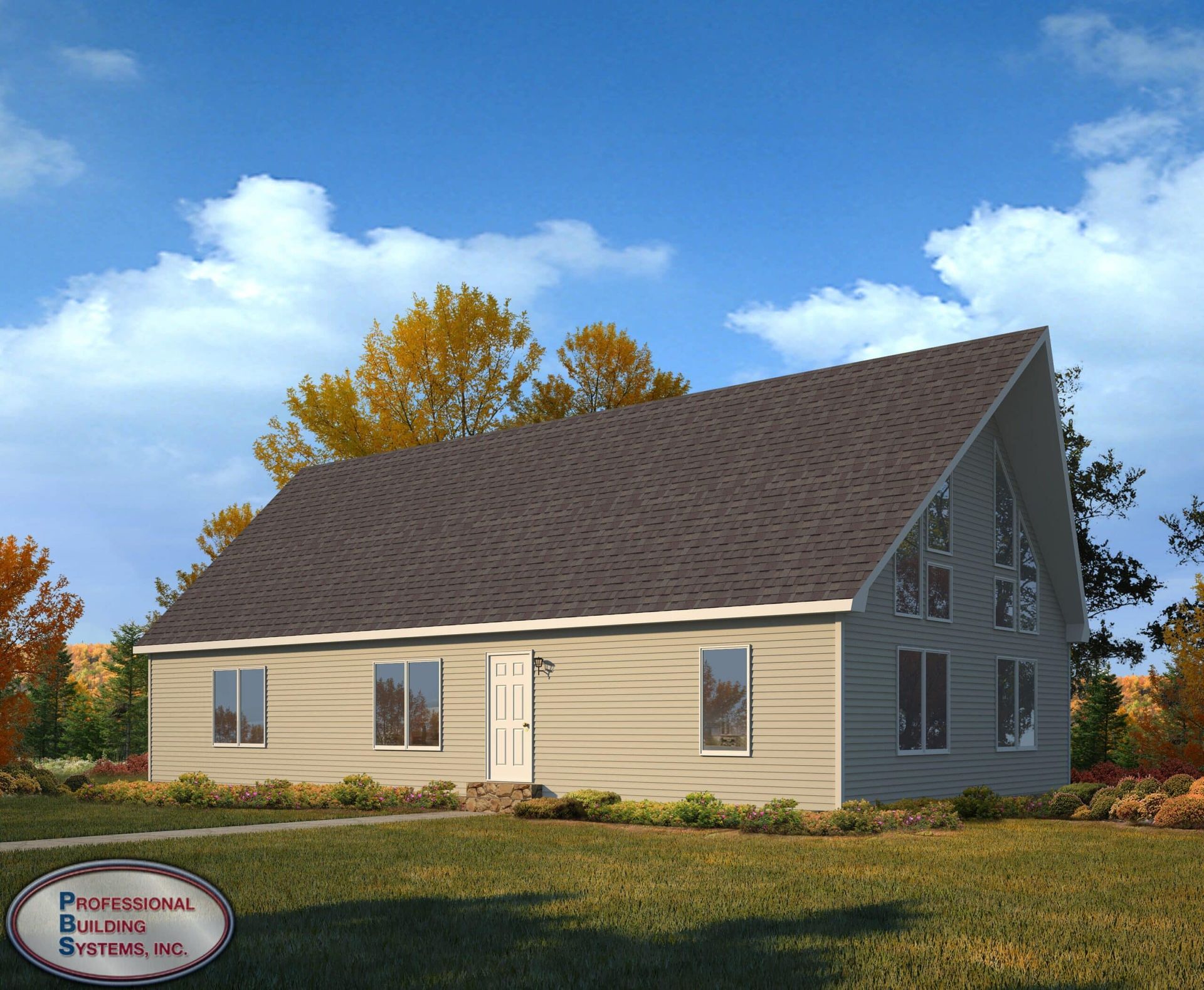 A house with a vaulted roof is surrounded by trees and grass