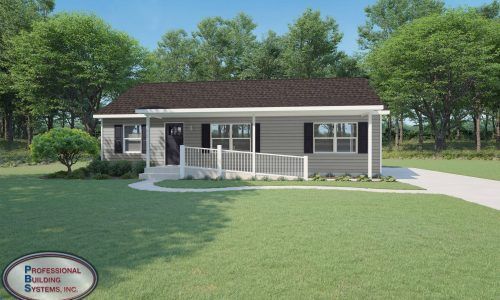 An artist 's impression of a house with a porch and trees in the background.