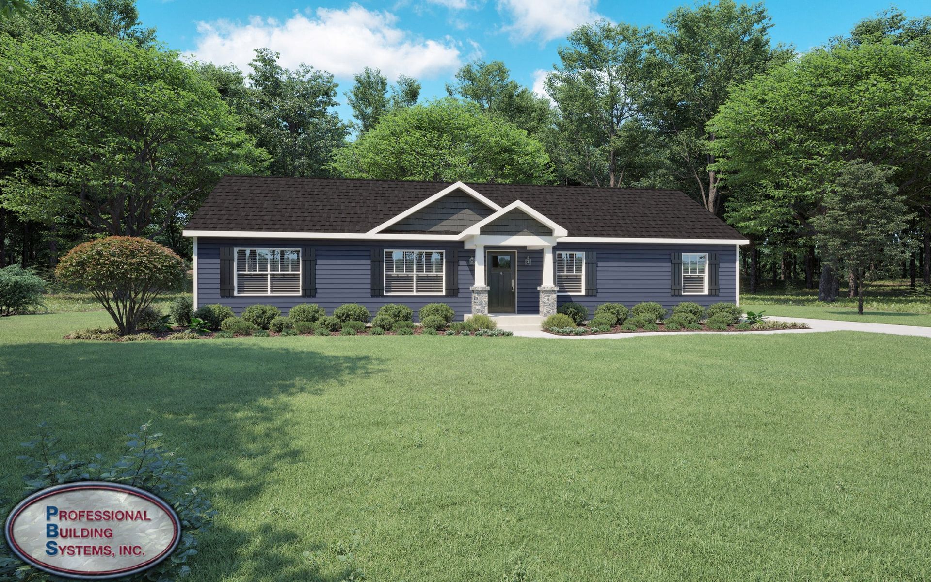 A blue house with a black roof sits in the middle of a lush green field