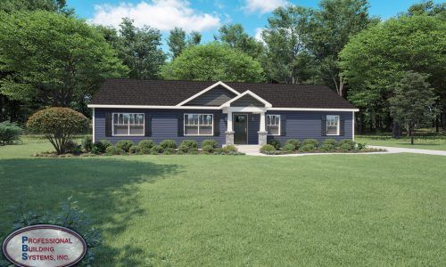 A blue house with a black roof is in the middle of a lush green field.