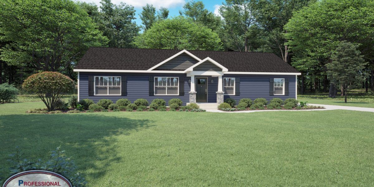 A blue house with a black roof is sitting on top of a lush green field.