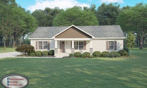 A house with a gray roof is sitting on top of a lush green field.