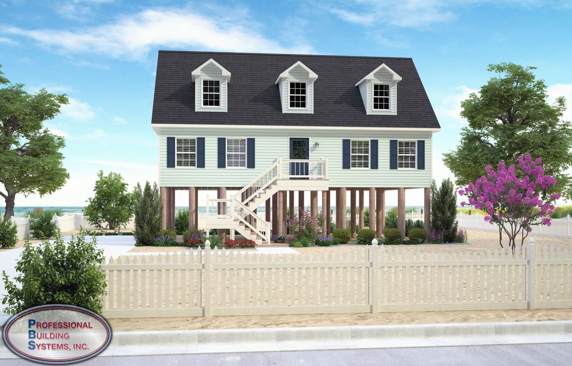 A large white house with a black roof and white shutters