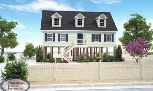 A large white house with black shutters and a white picket fence