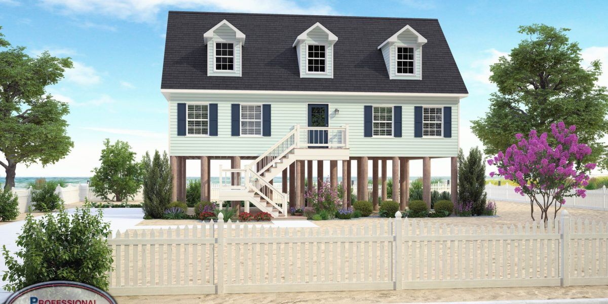 A white house with a black roof and a white picket fence